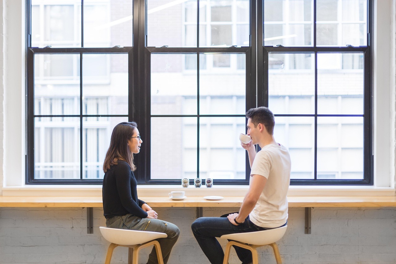 people, man, woman, girl, guy, talking, dating, coffee, tea, inside, window, glasses, table, talking, talking, talking, talking, talking